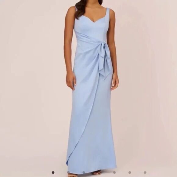 ADRIANNA PAPELL Blue Satin Crepe Tie Waist Dress Long Formal Gown Size 10 New